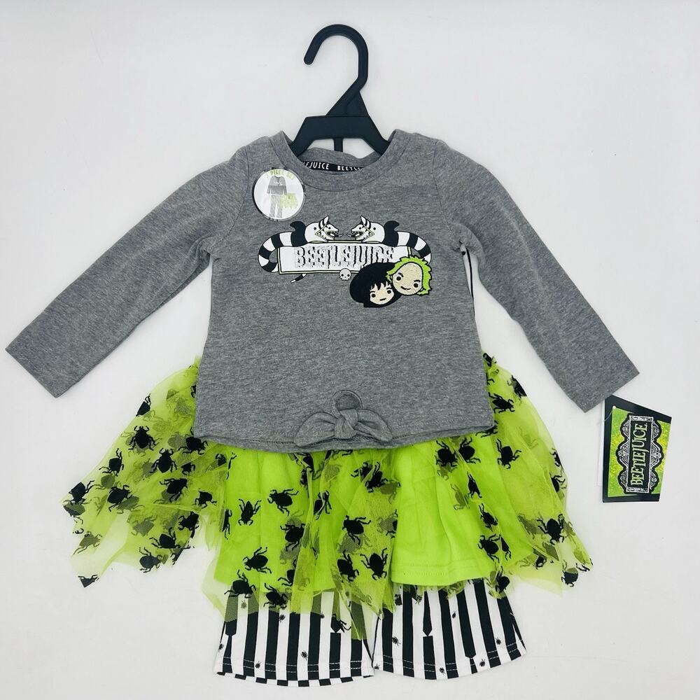 Beetlejuice 12M Toddler Girls 3 Piece Shirt Skirt Pants Set Warner Bros Green